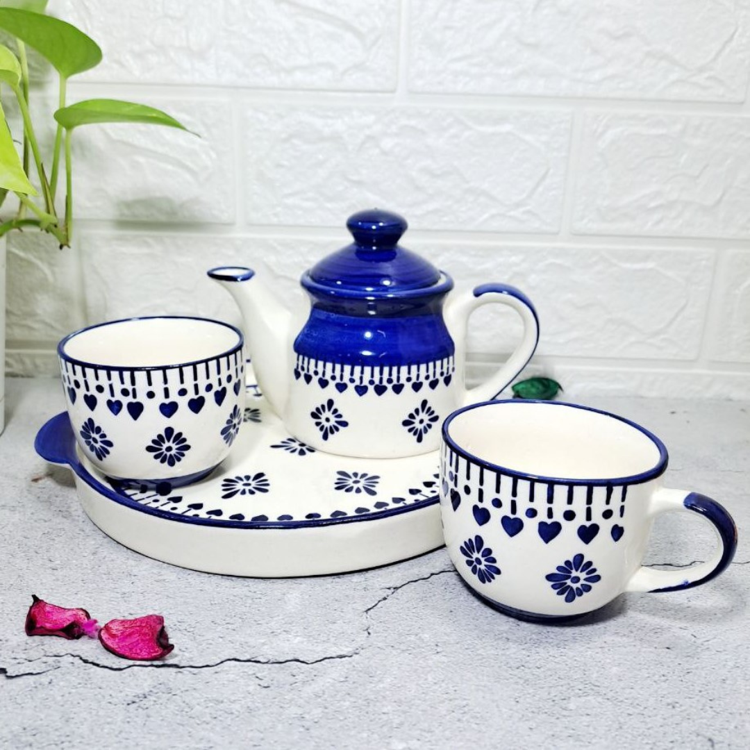 Homefrills Hand Painted Fringe Design Ceramic Tea Kettle Set with 2 Cups(150ml), 1 Kettle(400ml)& 1 Tray/Ceramic Good Morning Set- Set of 4 Colour-Blue,Microwave Safe